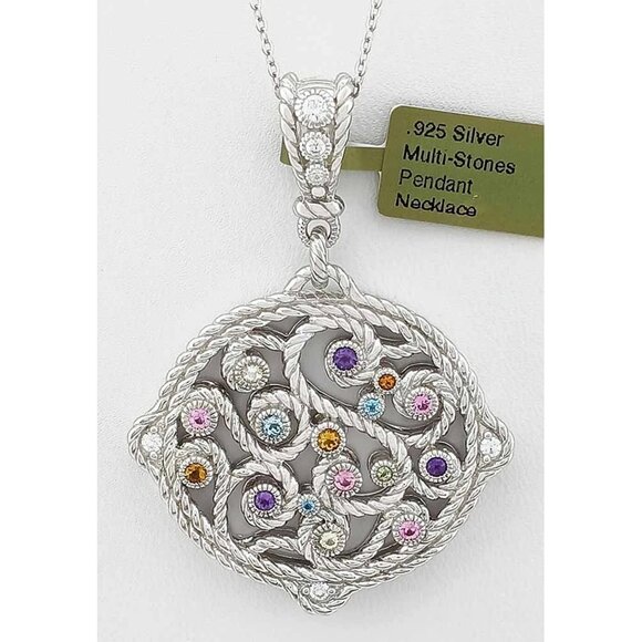 Created Multi-Color Stones Pendant Necklace Solid .925 Silver